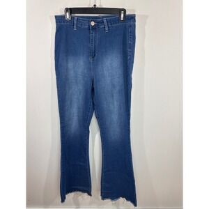 Fashion Nova Blue High Rise Raw Hem Flare Jeans Womens 13 (28) Tall  Boho Retro